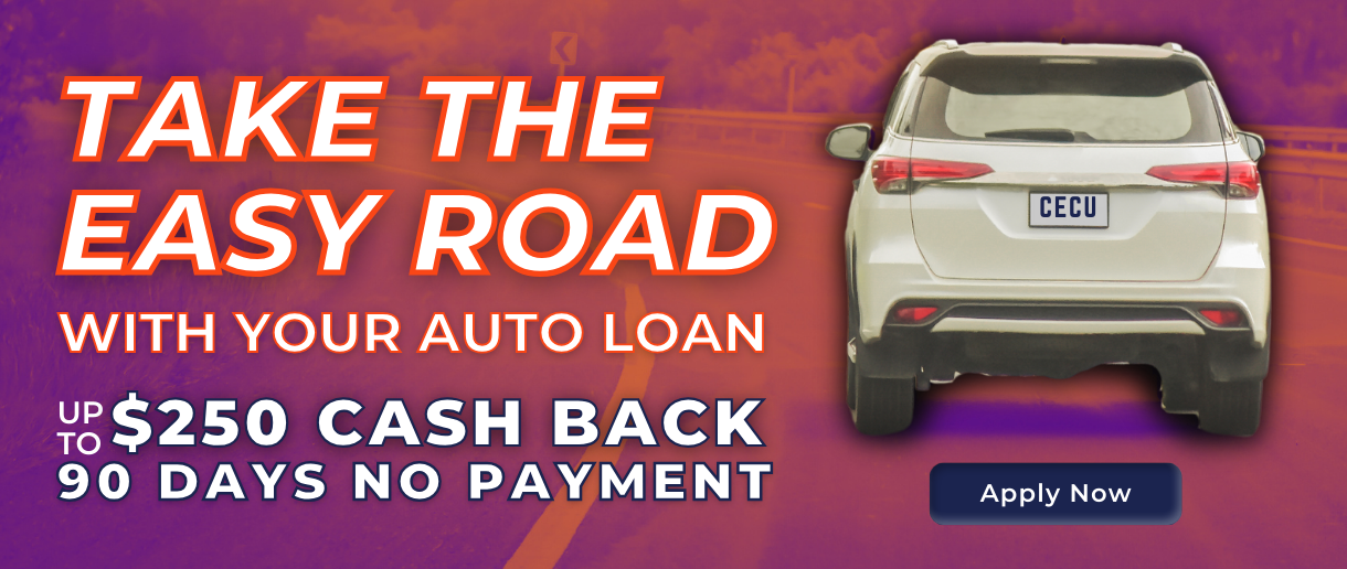 Take the easy road with your auto loan. Up to $250 cash back. 90 days no payment. Click here to learn more.